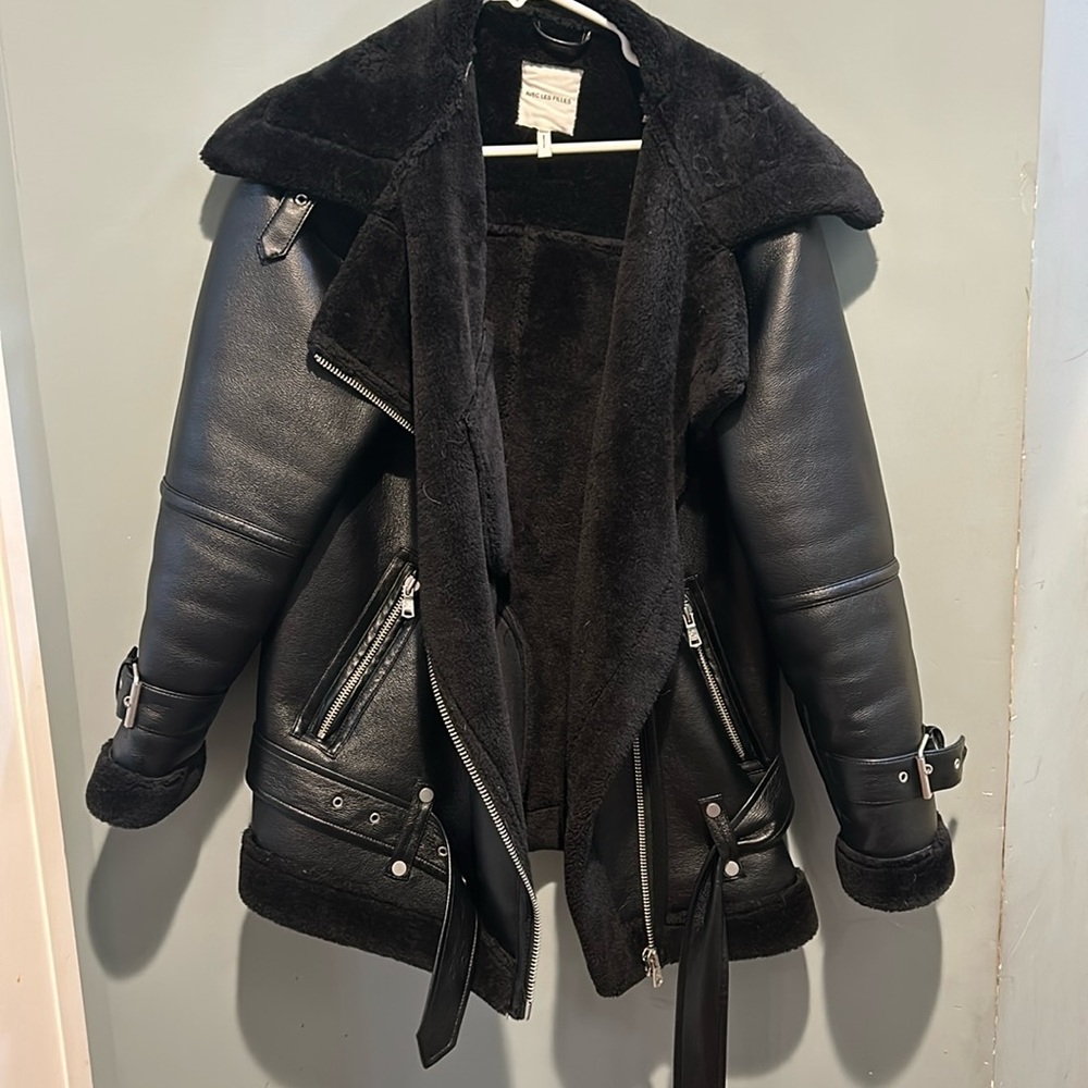 Faux shearling vegan leather biker jacket.